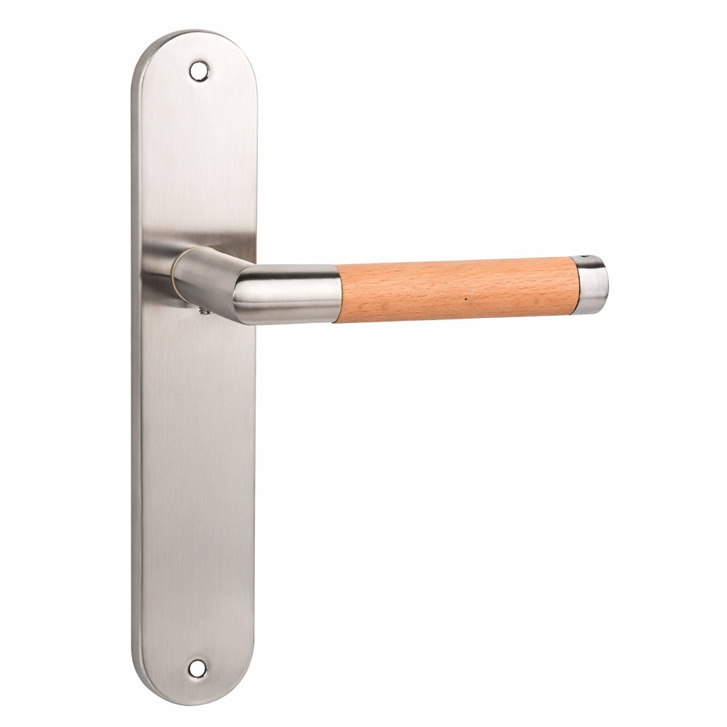 Puxador vanguardista modelo '1003' com placa oval em aço inoxidável e madeira para portas