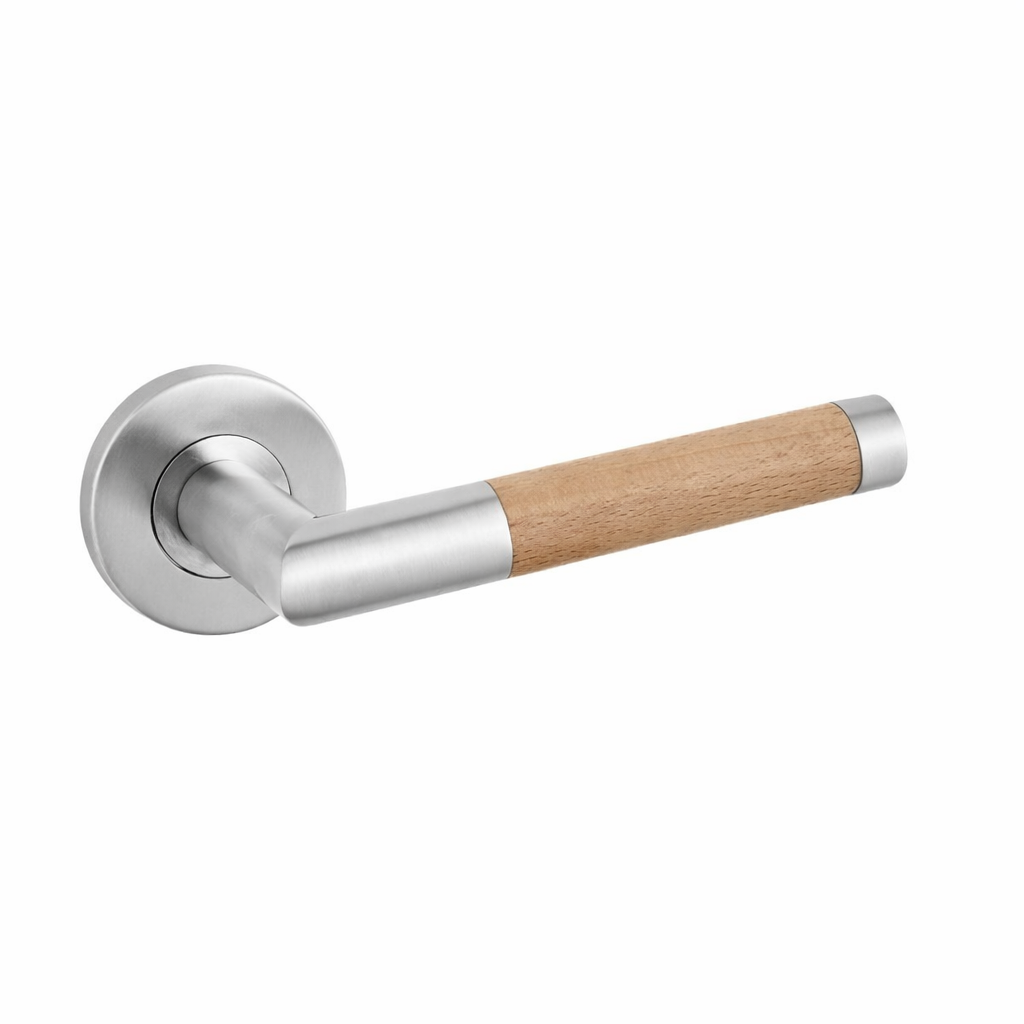Puxador modelo '1003' com roseta redonda em aço inox e puxador para portas revestido em madeira