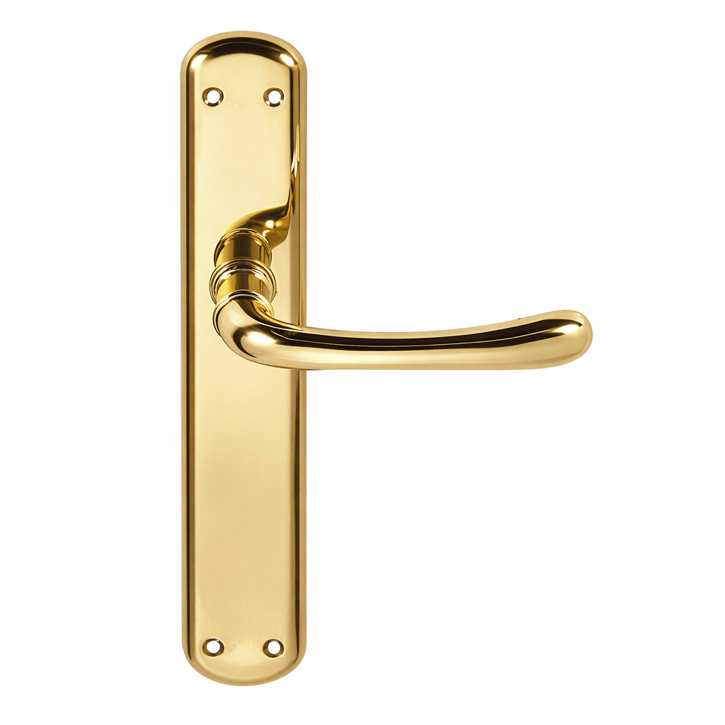 Puxador em Zamak modelo '6501' com acabamento dourado brilhante com placa oval para portas