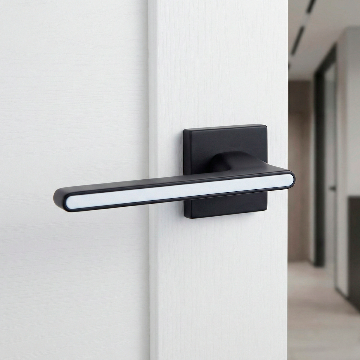 Puxador Zamak modelo 810N com roseta quadrada acabamento preto para portas
