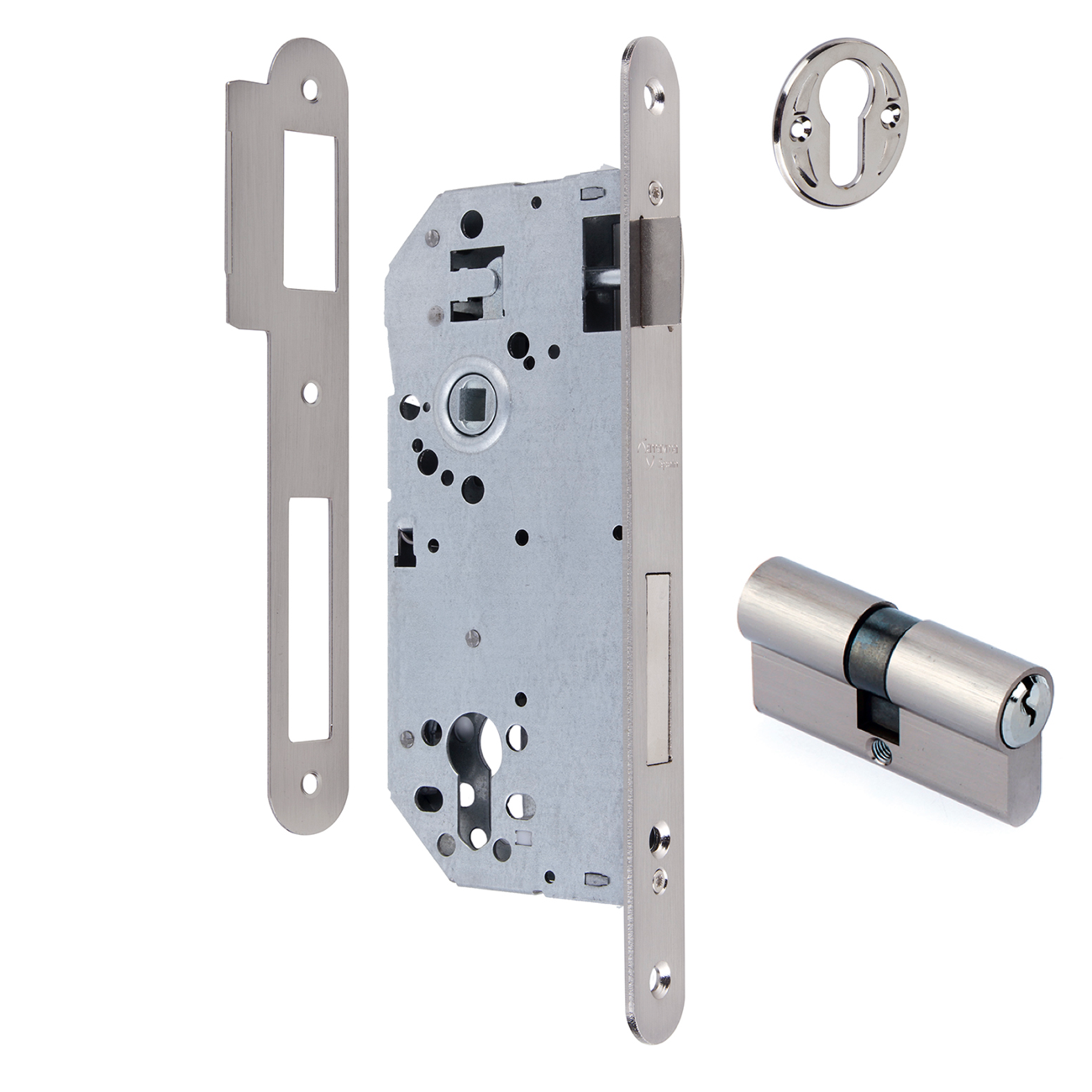 Fechadura de encaixe de 60 mm para borda redonda frontal do cilindro europeu com 85 mm entre eixos acabamento em níquel acetinado
