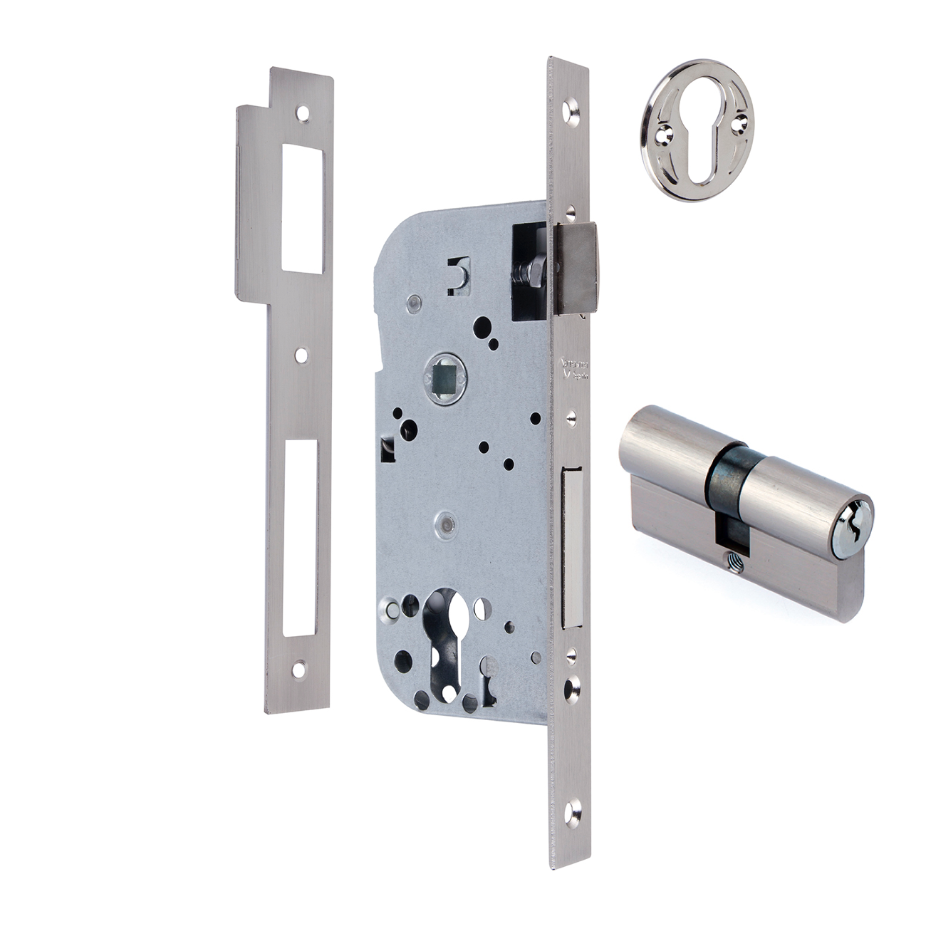 Fechadura de encaixe de 50 mm para borda reta frontal do cilindro europeu com 85 mm entre eixos acabamento em níquel acetinado