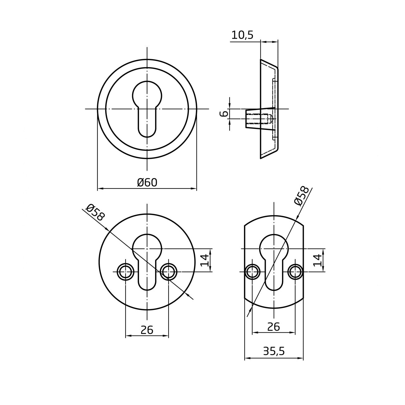 Escudo de segurança niquelado com cilindro aberto para portas com espessura superior a 40 mm