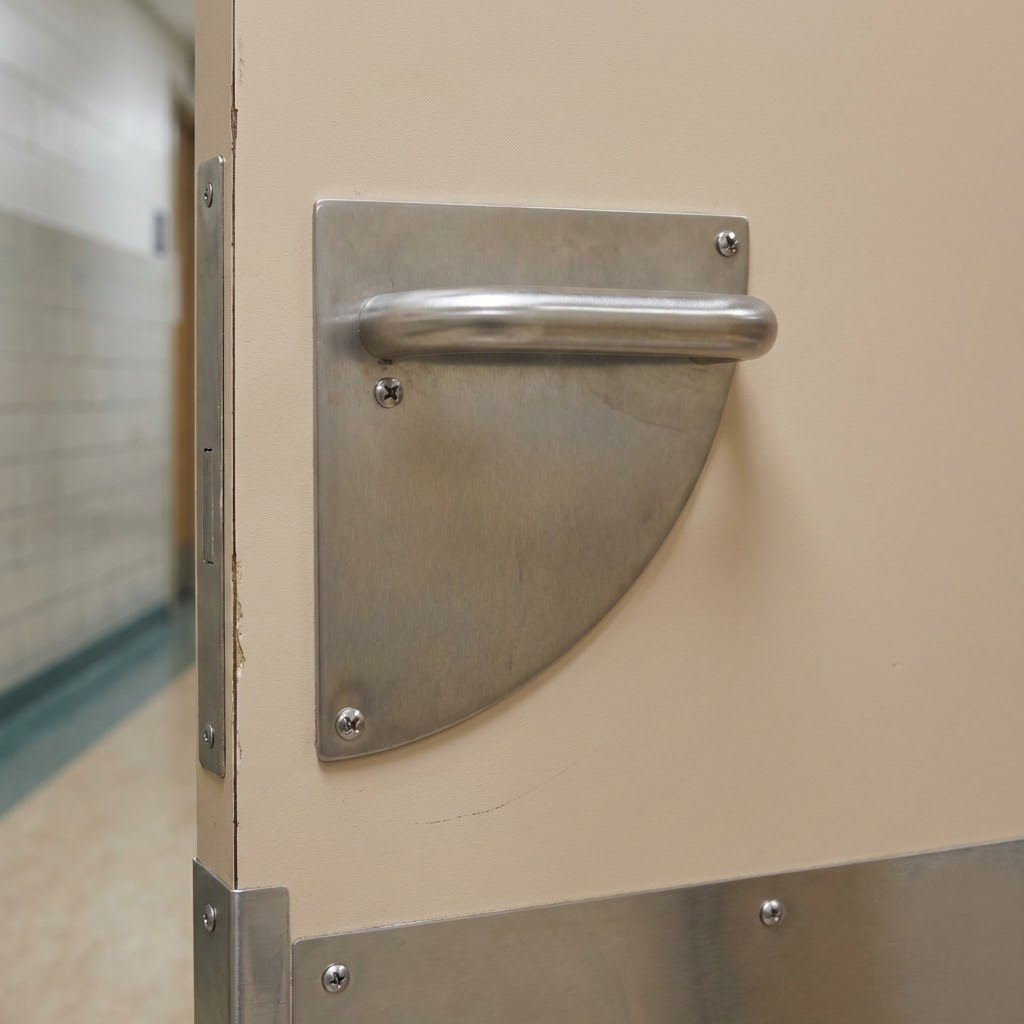 Puxador em aço inox modelo '4002' com placa semicircular para portas