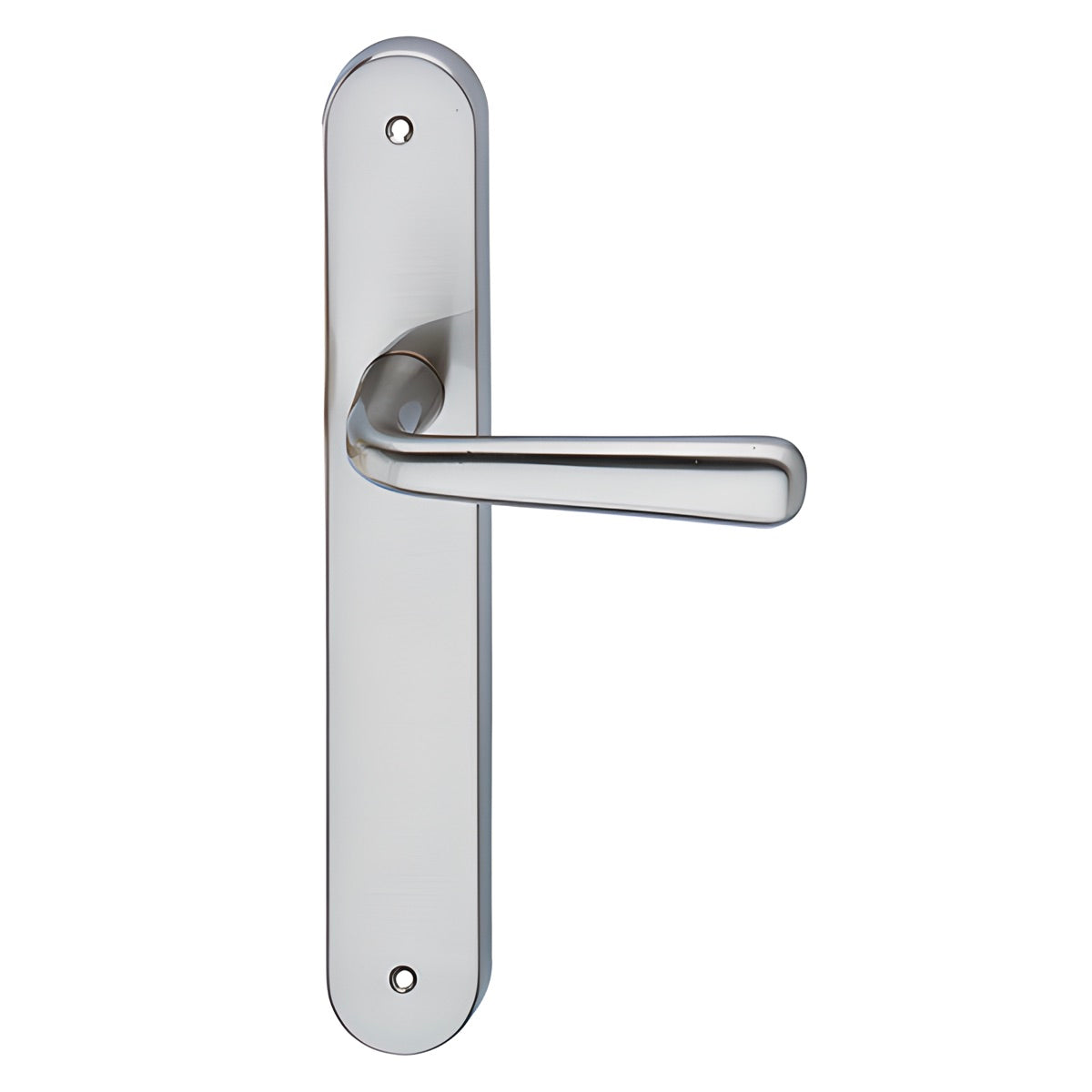 Puxador para portas em Zamak modelo '101' com placa oval com acabamento em níquel acetinado