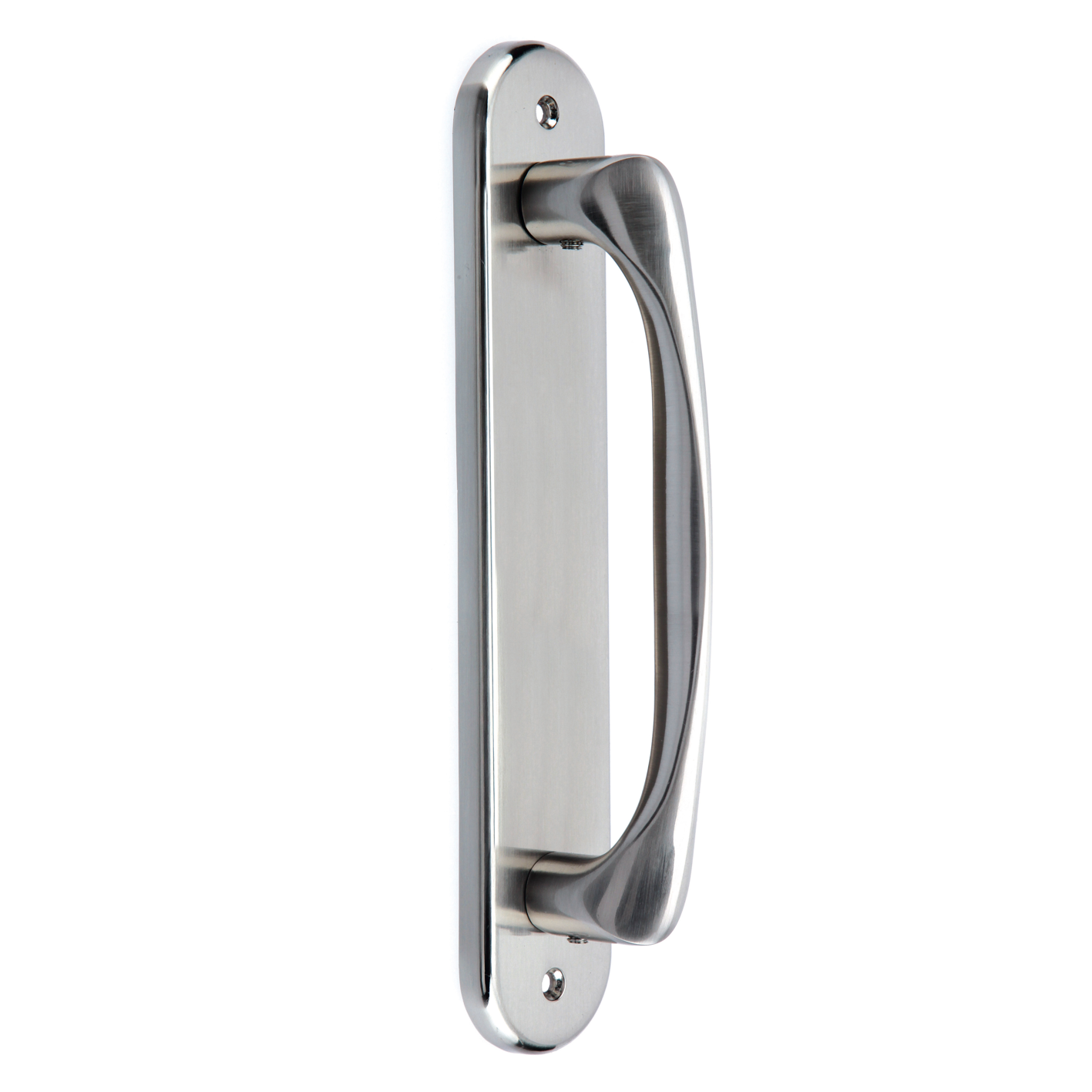 Puxador ondulado com placa oval em zamak com acabamento em níquel acetinado modelo 554