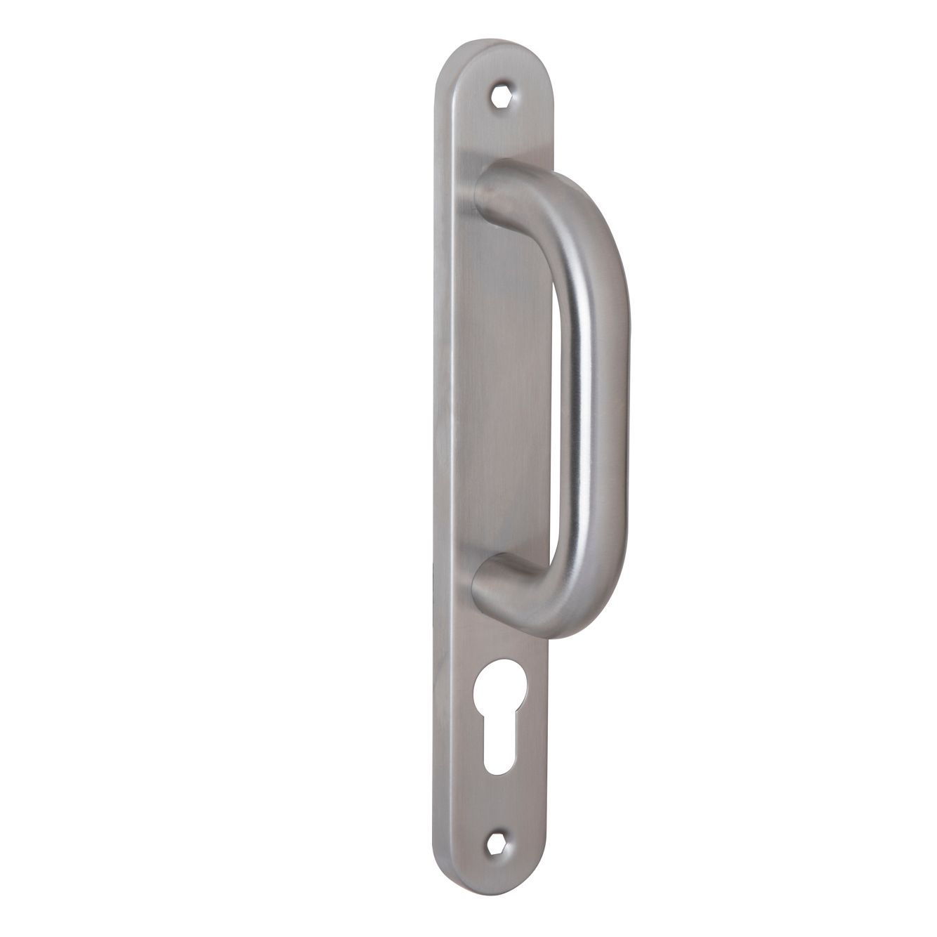 Puxador modelo 604 com fechadura e placa estreita de aço inoxidável para portas de entrada