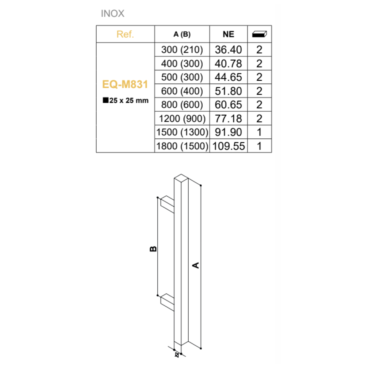Puxador quadrado de 32x32mm 600mm entre eixos e 800mm de altura em inox preto sem roseta para portas de entrada