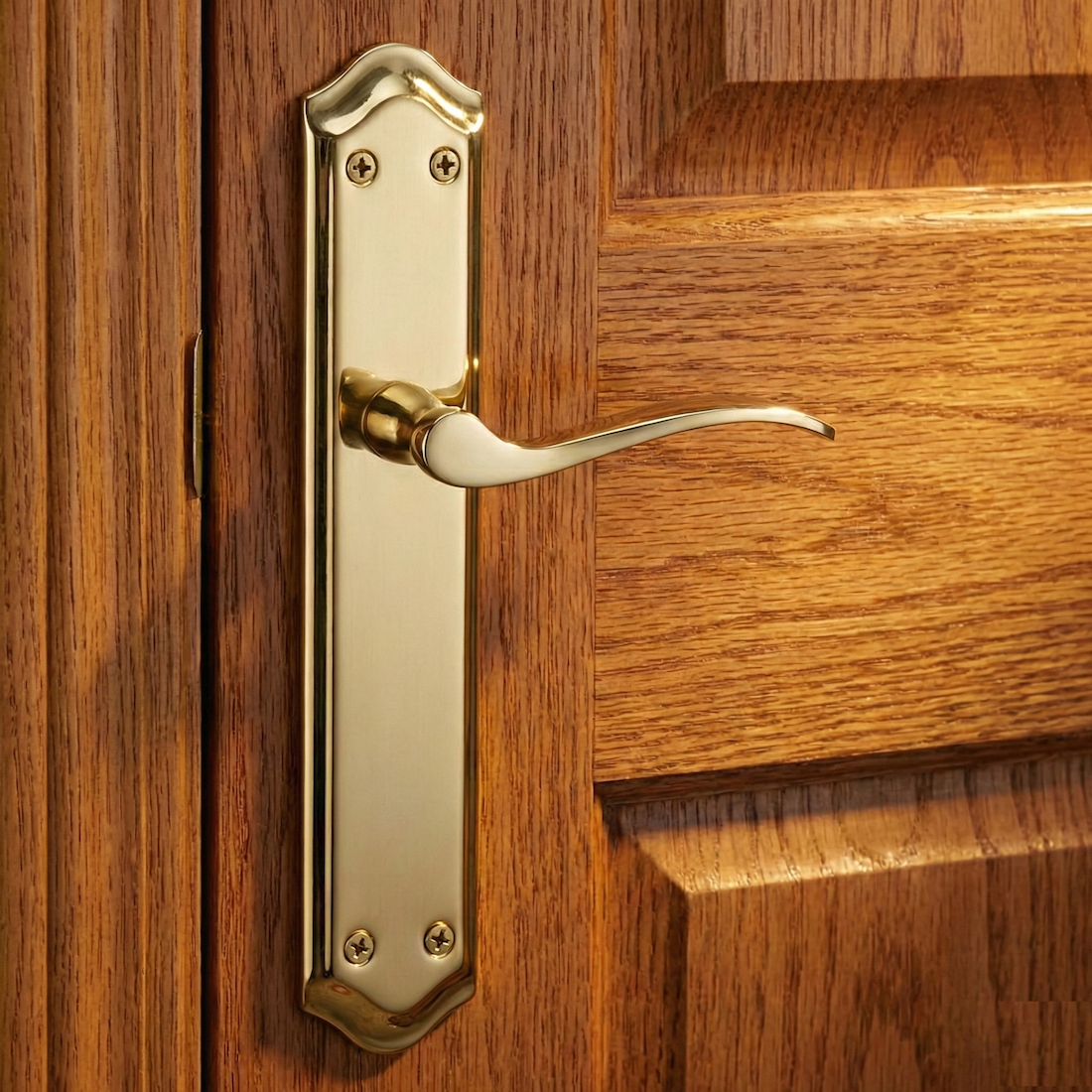 Puxador MASTER acabamento dourado acetinado com placa oval curva para portas