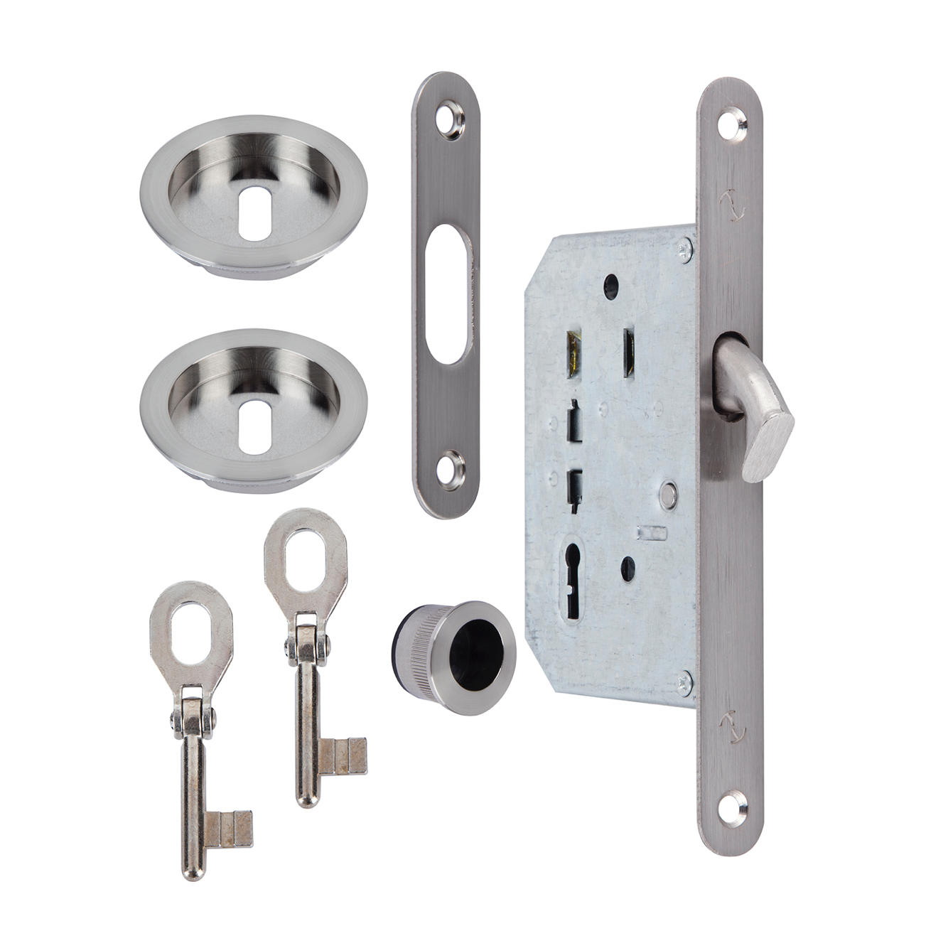 Kit para porta de correr em acabamento níquel acetinado com 2 chaves borja incluídas