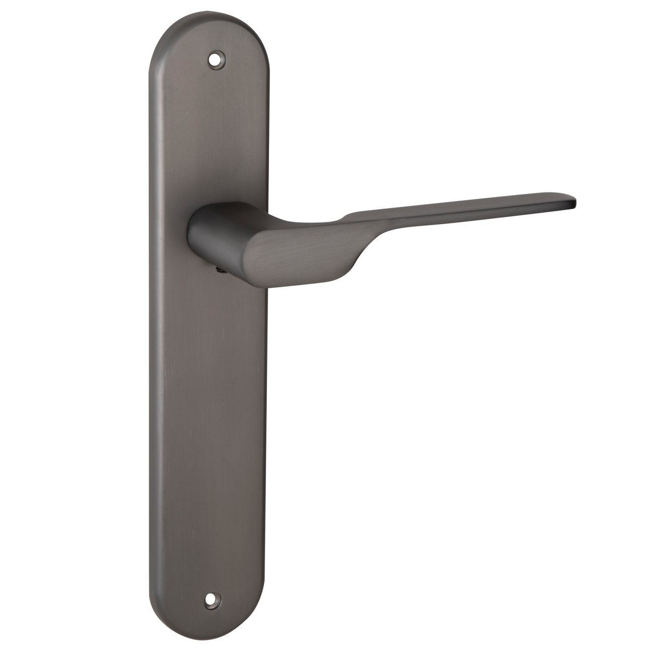 Puxador modelo '640' com placa oval para portas zamak acabamento grafite com puxador moderno