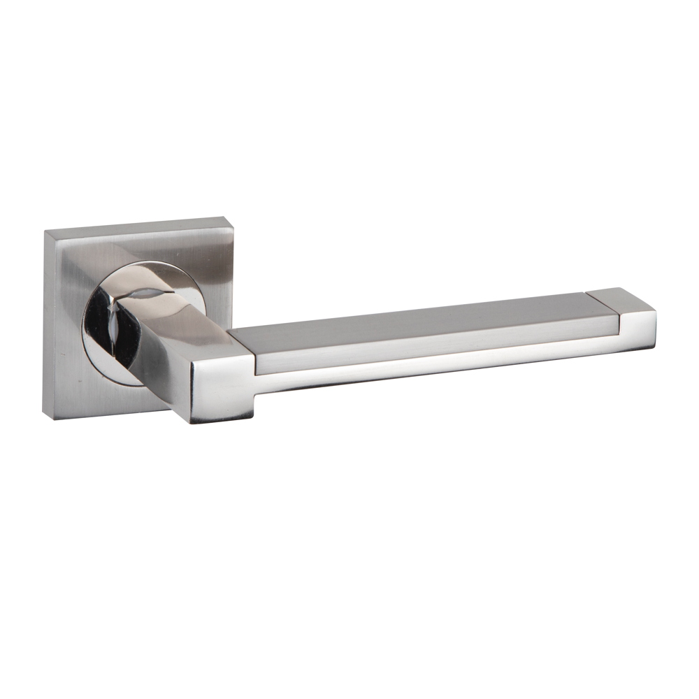 Puxador Zamak modelo 610 com roseta quadrada em acabamento níquel combinado para portas