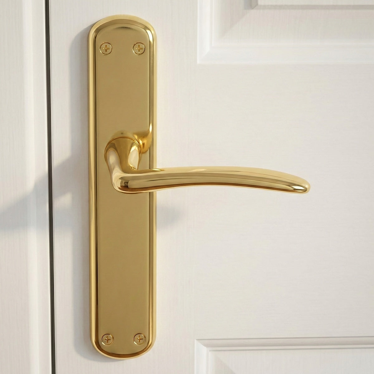 Puxador modelo '6601' com placa oval em zamak acabamento dourado brilhante para portas