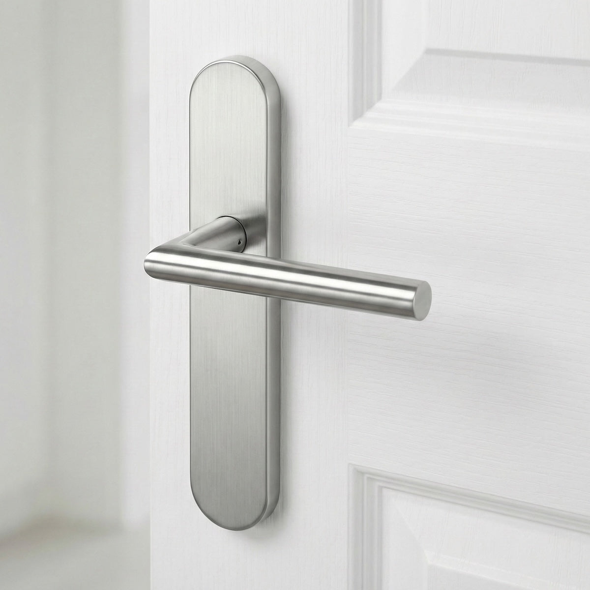 Puxador em aço inox com placa oval e parafusos ocultos para portas modelo '503'