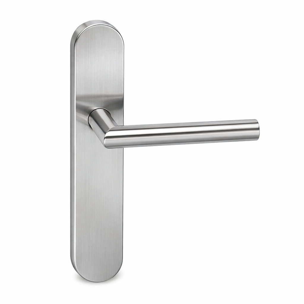 Puxador em aço inox com placa oval e parafusos ocultos para portas modelo '503'