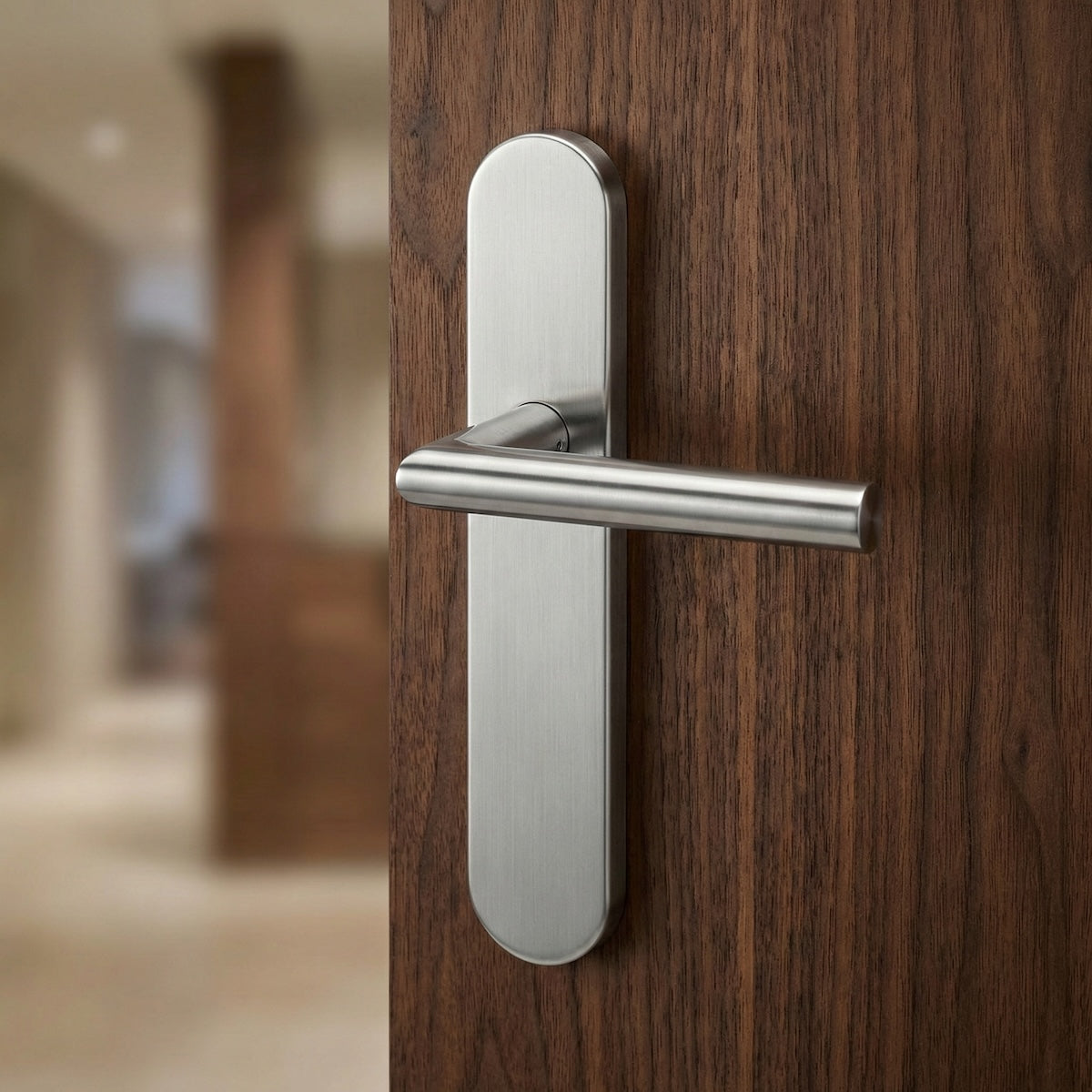 Puxador em aço inox com placa oval e parafusos ocultos para portas modelo '503'