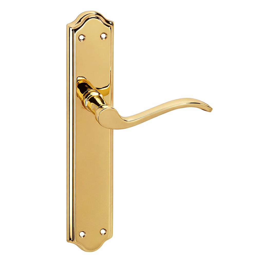 Puxador modelo '1101' com placa curva de alumínio acabamento dourado para portas 