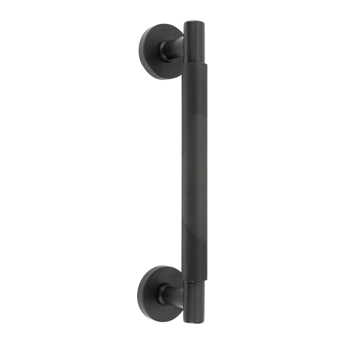 Manillón moleteado de zamak en negro mate con roseta redonda de 52 mm para puertas