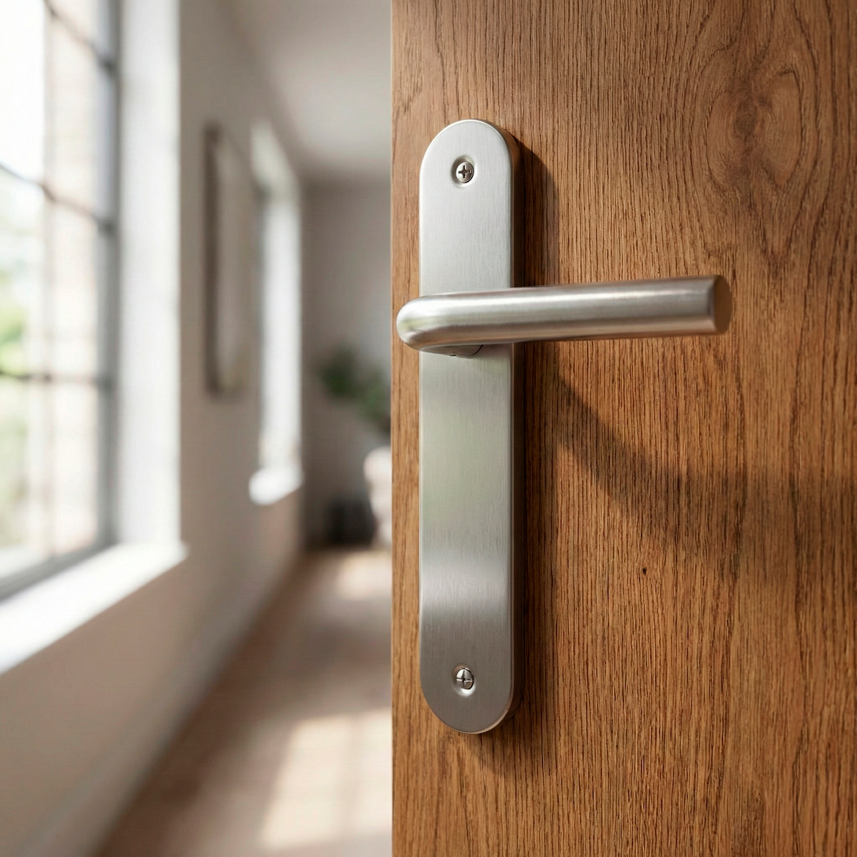 Puxador modelo '403' com placa oval em aço inox para portas 