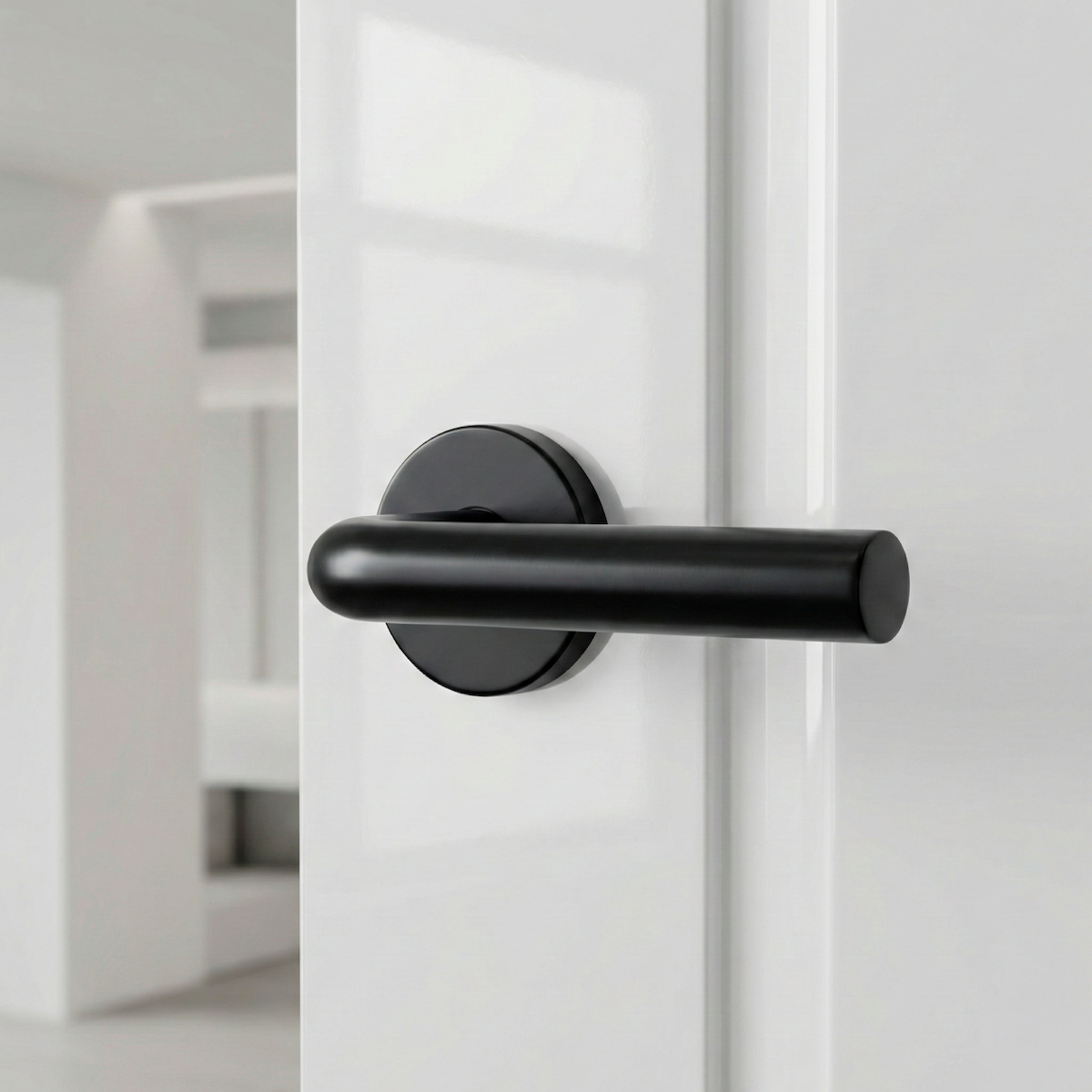 Maçaneta Modelo 403 com Roseta Redonda em aço inox acabamento preto para portas 