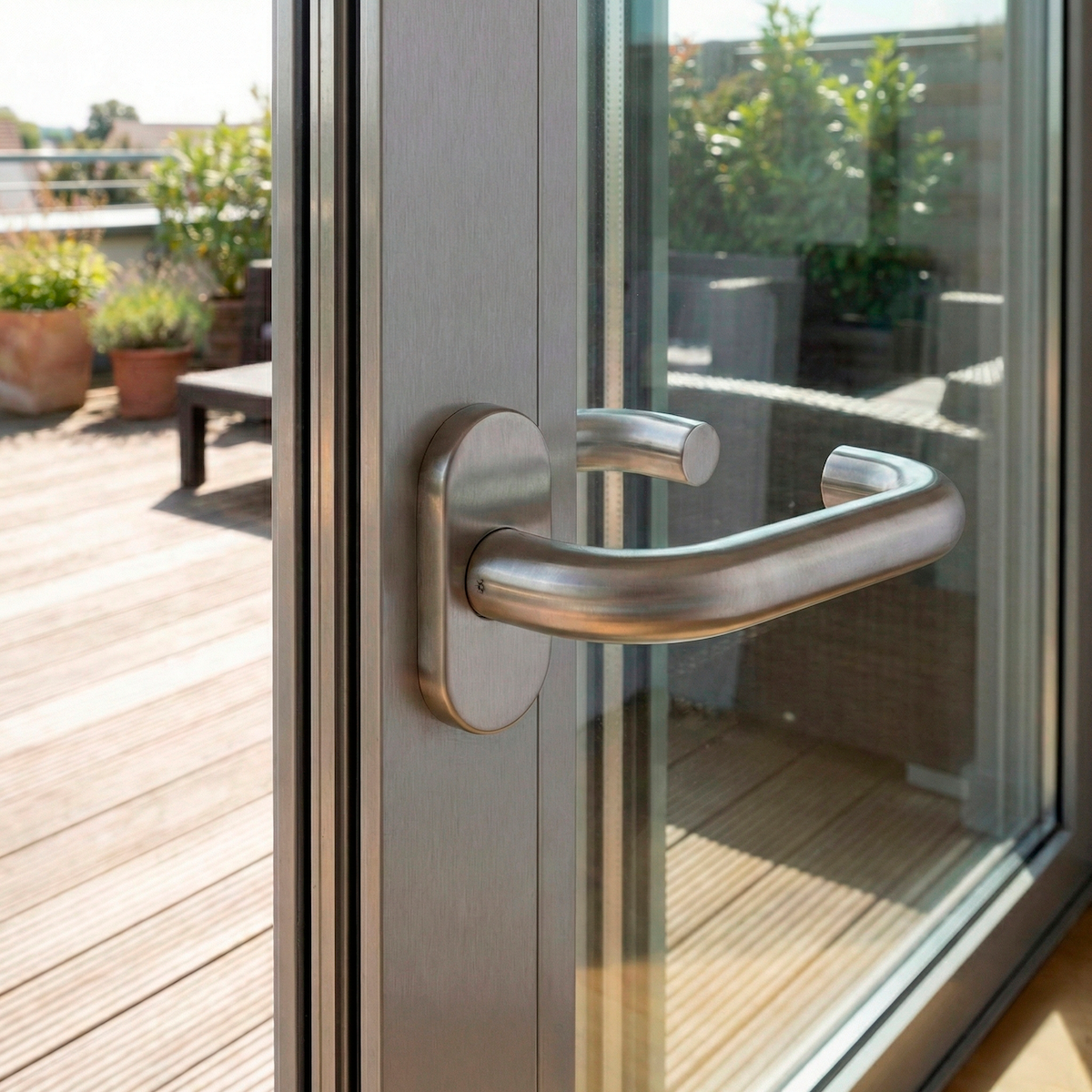 Puxador com roseta oval em aço inox para portas metálicas ou PVC '603' 