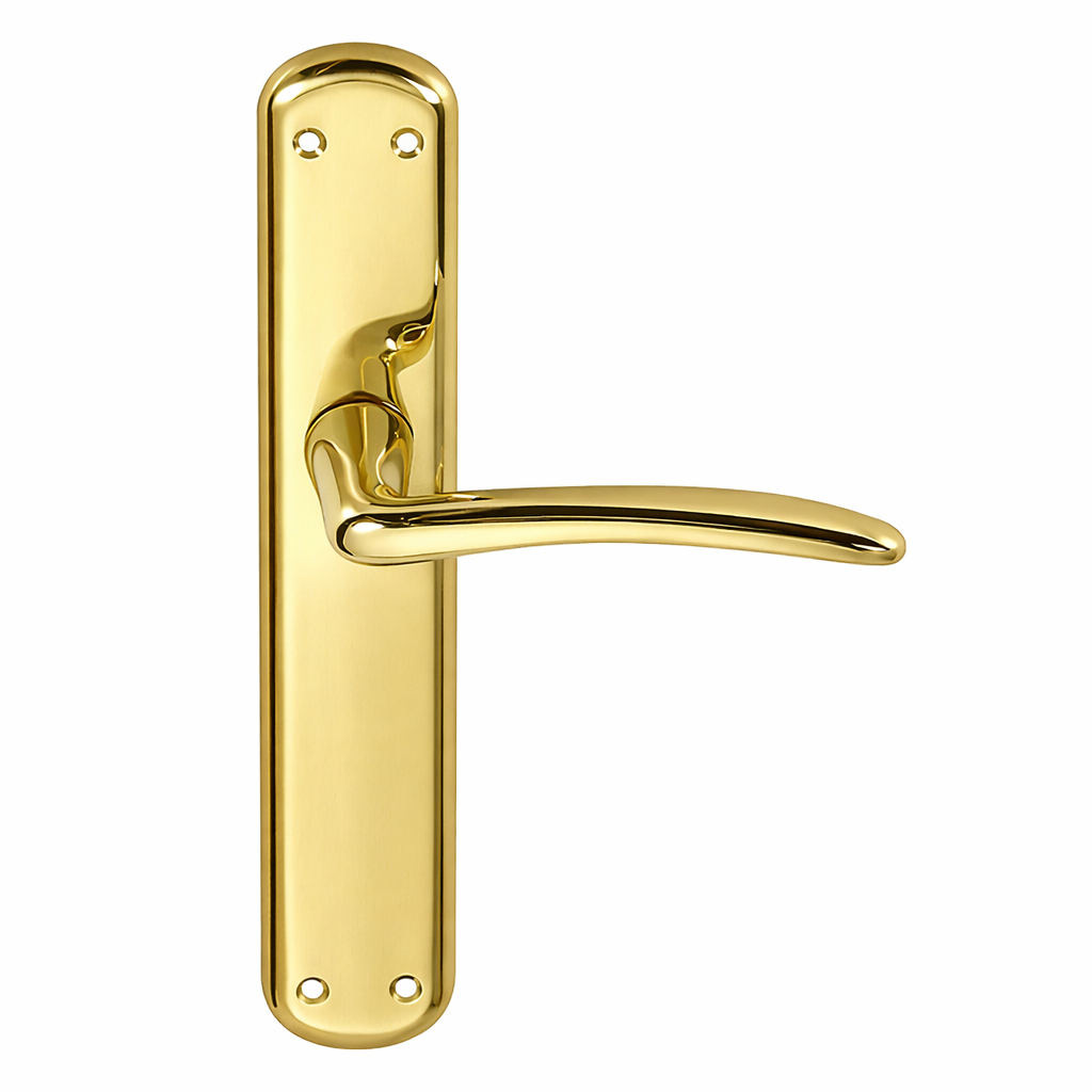 Puxador modelo '6601' com placa oval em zamak acabamento dourado brilhante para portas 