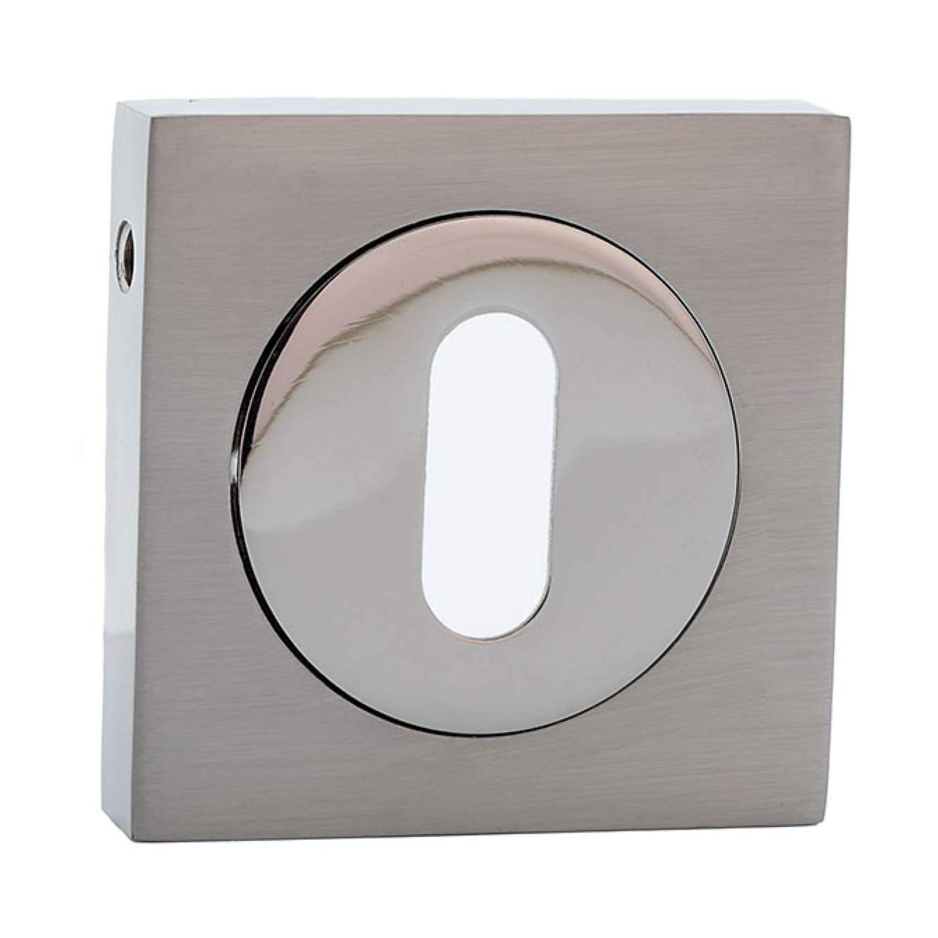 Fechadura roseta quadrada redonda com boca oval em acabamento bicolor para portas