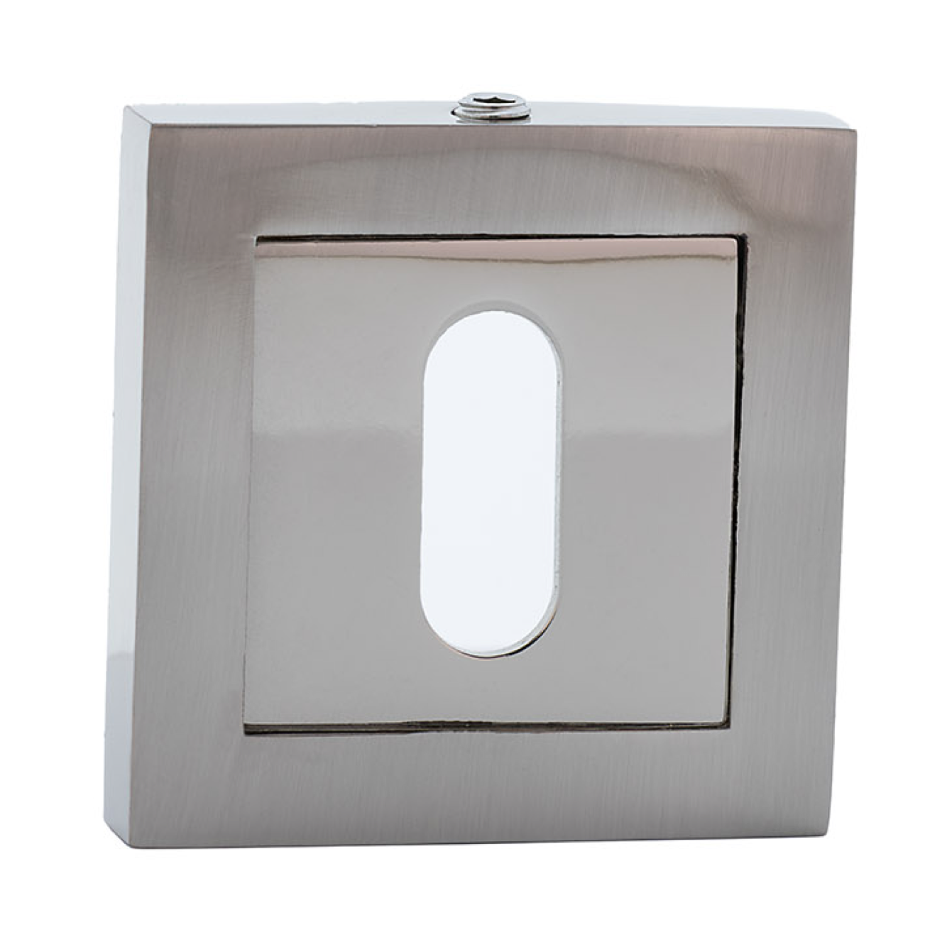Fechadura quadrada com boca oval em acabamento bicolor para portas 