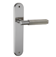 Maçaneta com roseta oval de 250x48 mm em zamak níquel acetinado para portas de interior