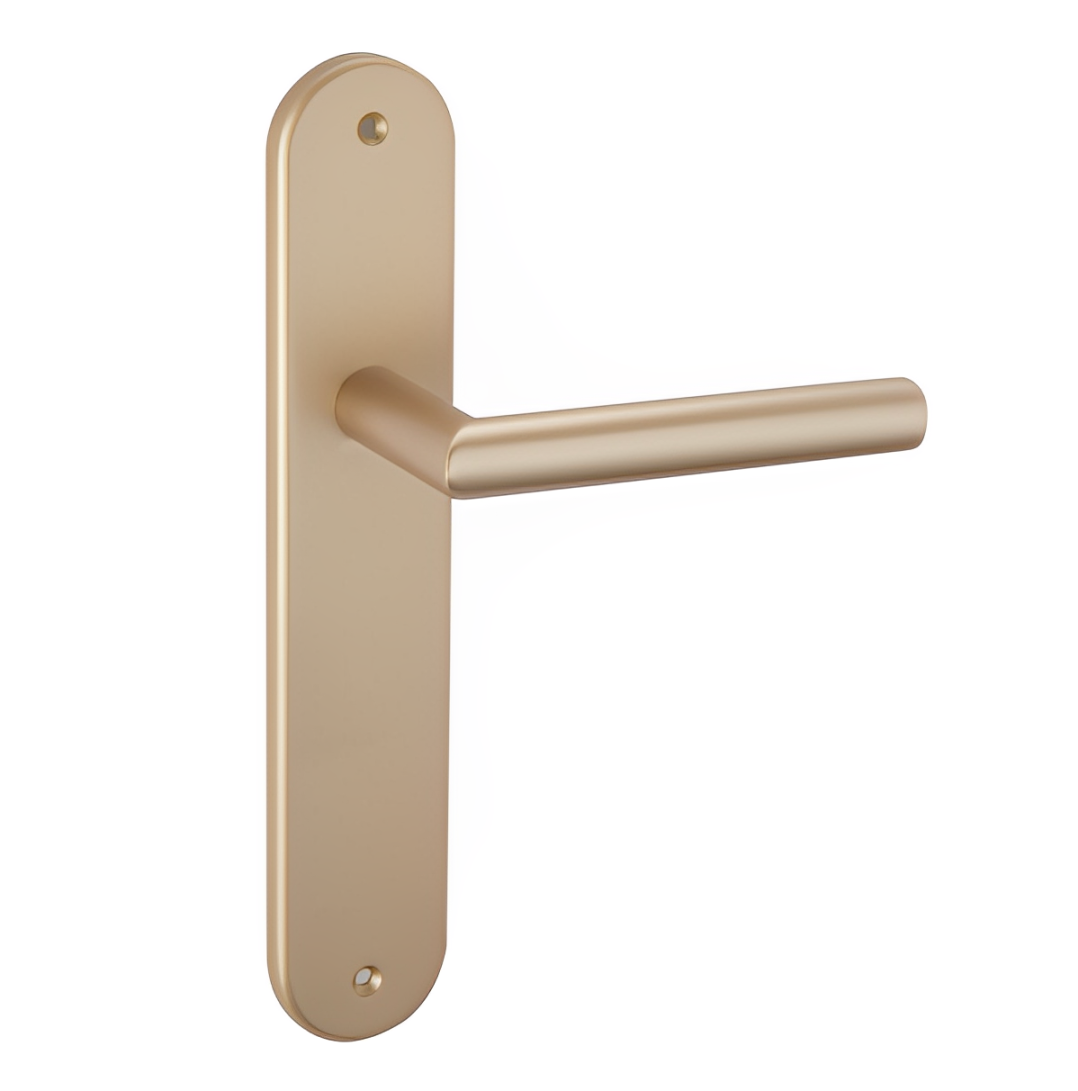 Manilla con placa ovalada de 250x48 mm en latón mate para puertas
