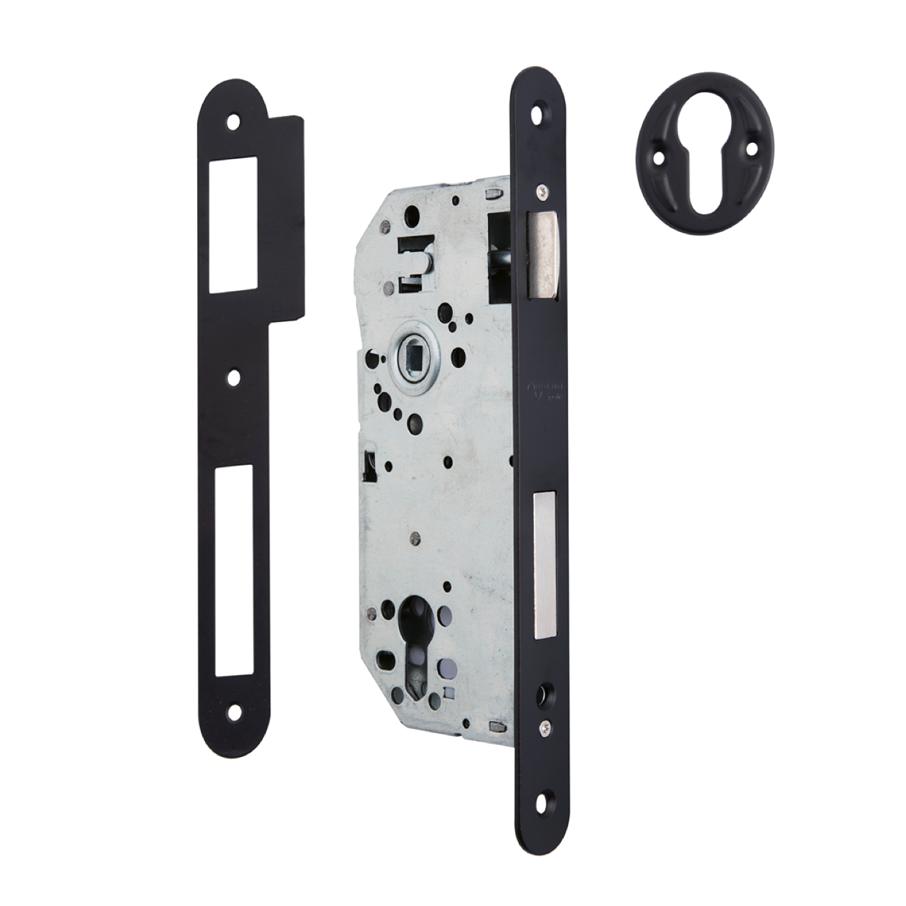 Fechadura de encaixe de 50 mm para cilindro europeu com borda redonda frontal com 85 mm entre eixos acabamento preto 