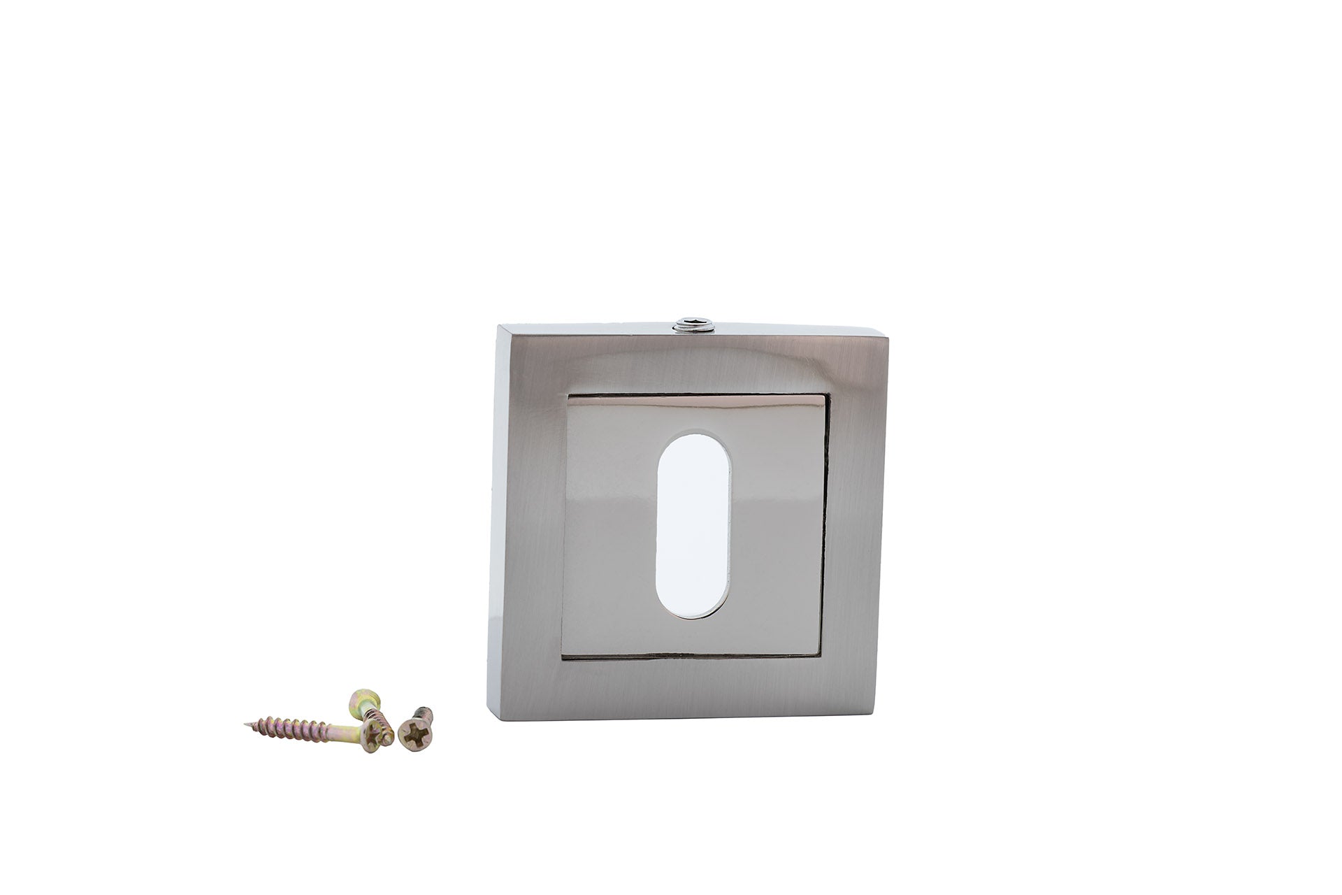 Fechadura quadrada com boca oval em acabamento bicolor para portas 