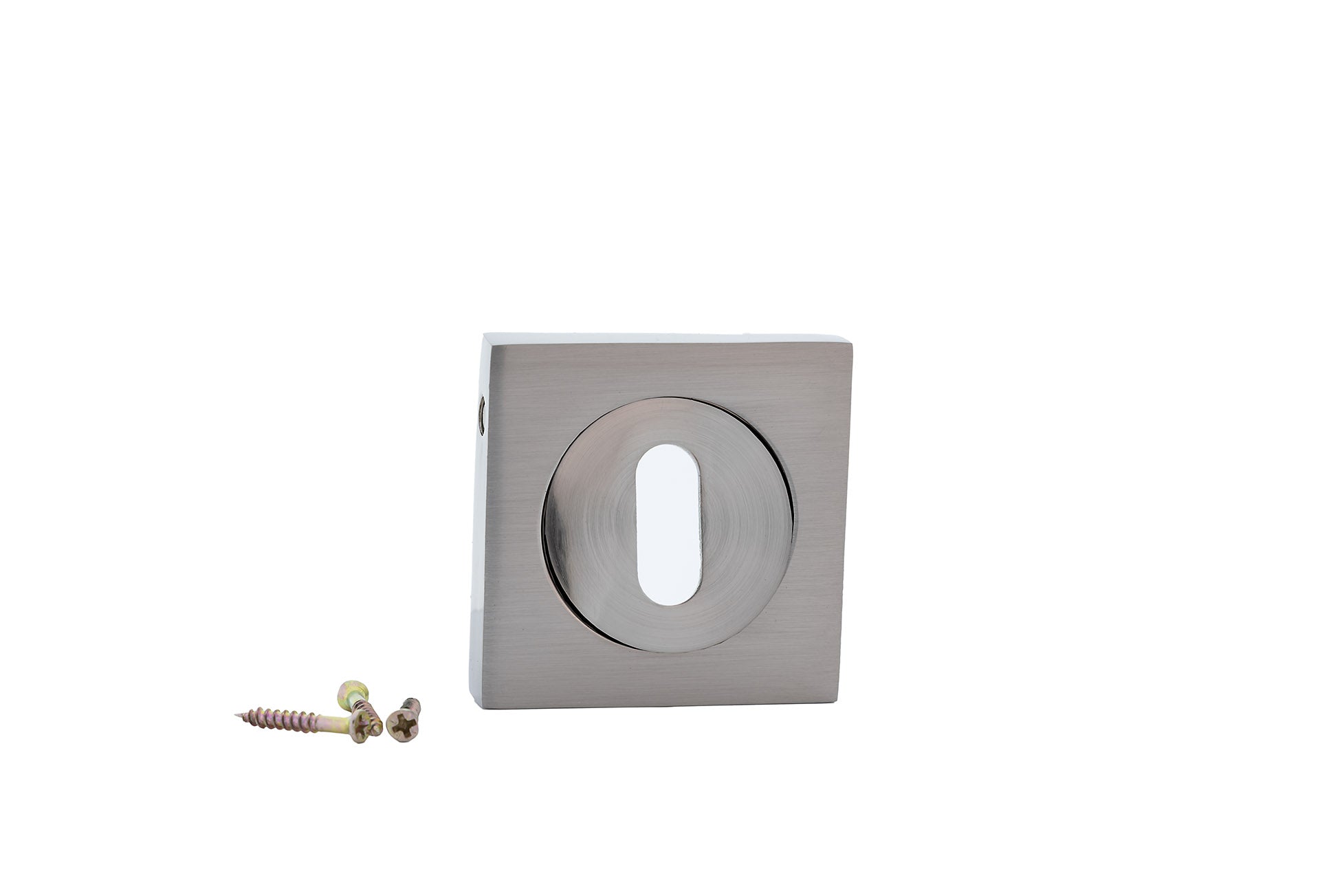 Fechadura de roseta quadrada redonda com boca oval em acabamento níquel acetinado para portas