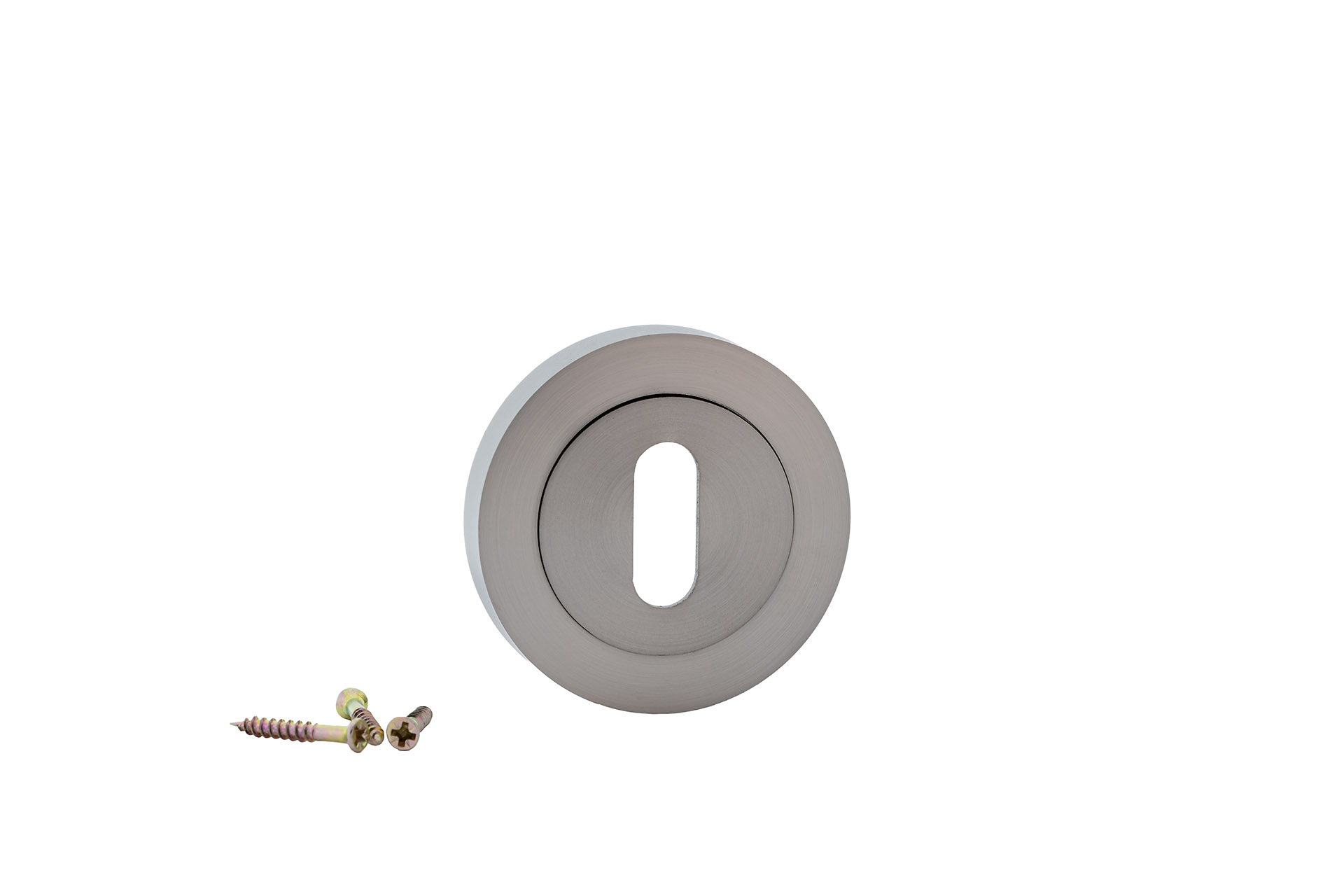 Fechadura redonda oval em roseta com acabamento em níquel acetinado para portas