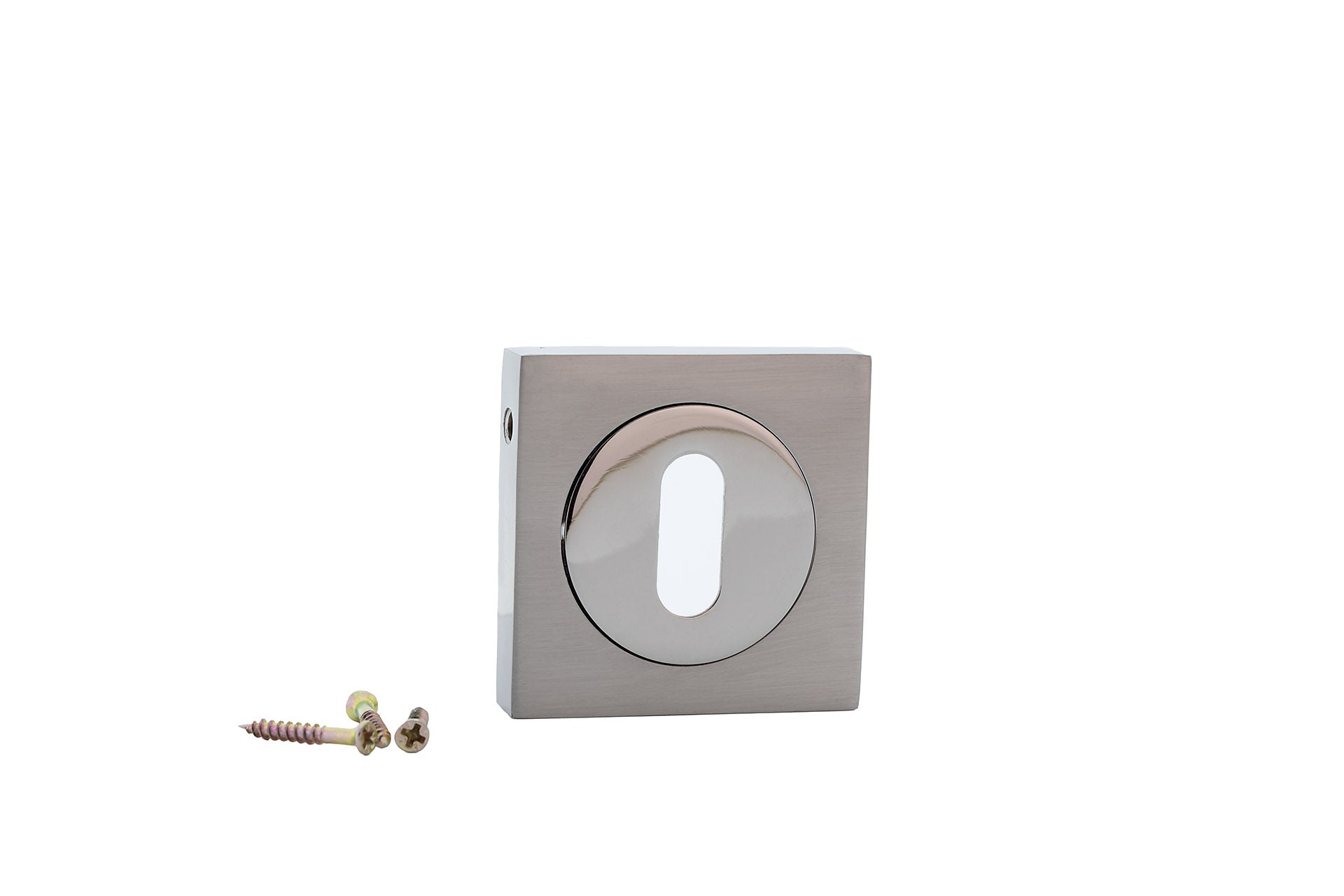 Fechadura roseta quadrada redonda com boca oval em acabamento bicolor para portas