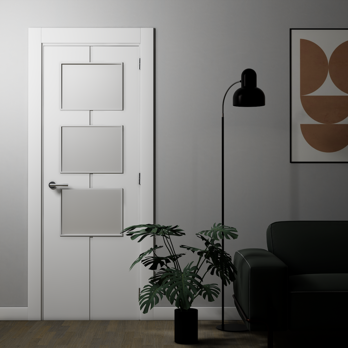 Porta HEAV de 3 janelas em bloco de 2030x905x35 de núcleo maciço com acabamento branco