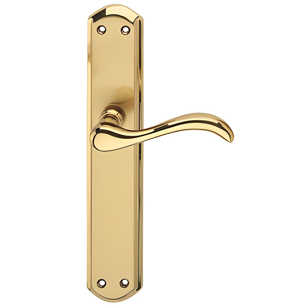 Puxador modelo '5001' com placa oval em acabamento dourado acetinado polido para portas 