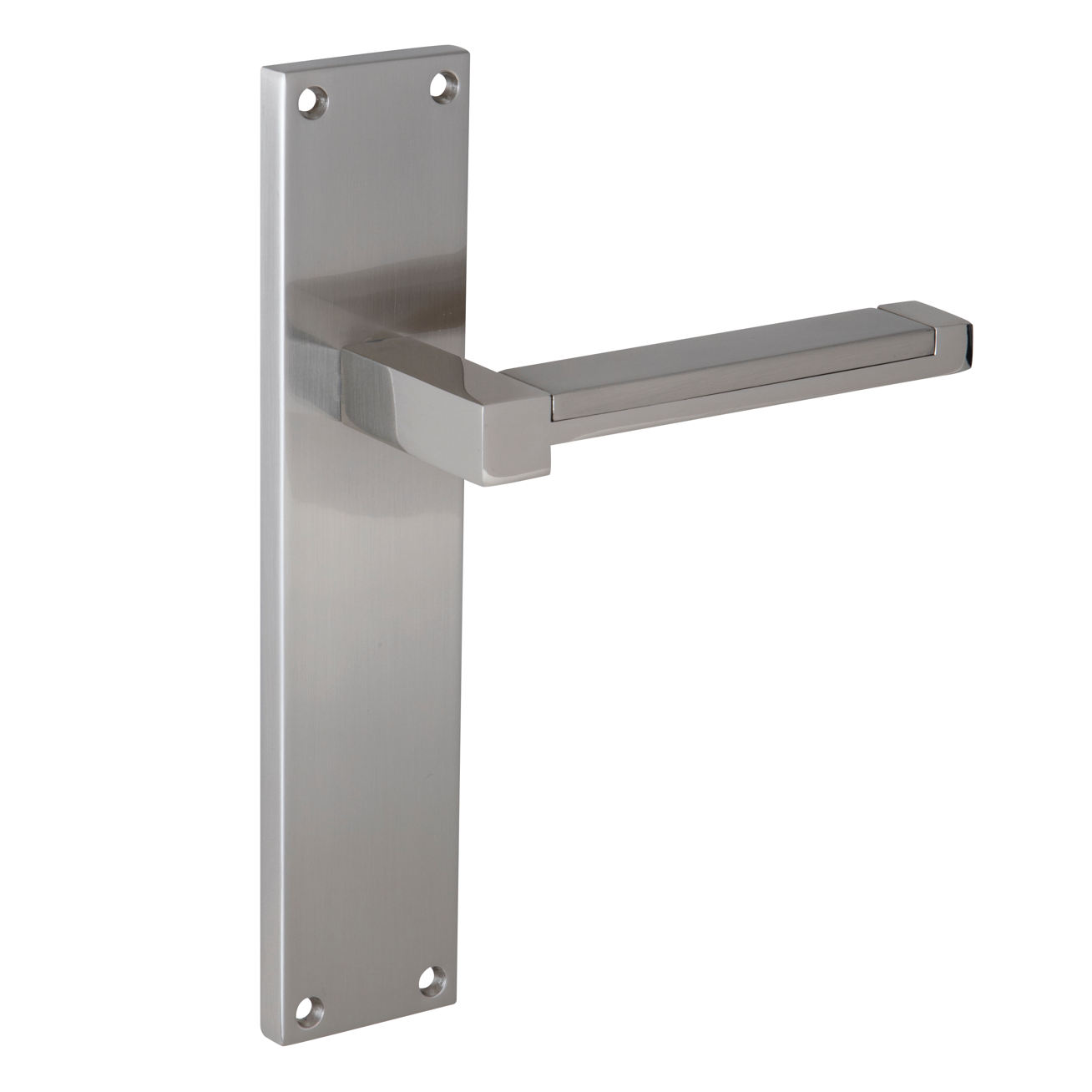 Puxador modelo 610 com placa retangular em zamak acabamento níquel acetinado para portas 