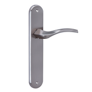 Puxador moderno modelo '1027' com placa oval em acabamento níquel acetinado para portas