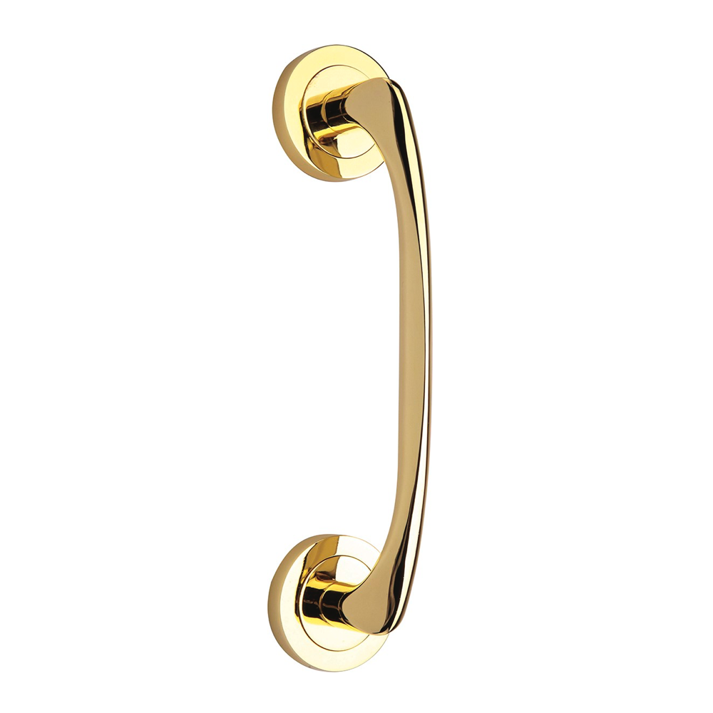 Puxador modelo 554 em acabamento dourado brilhante com roseta redonda de alumínio para portas 