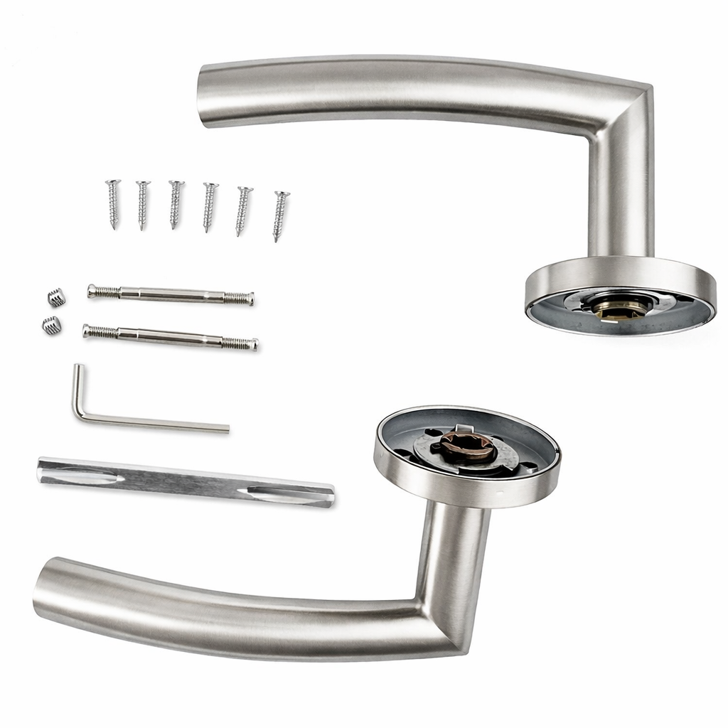 Puxador curvado tubular de aço inoxidável Nix com roseta redonda para portas 