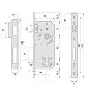 Fechadura de encaixe de 60 mm para cilindro europeu com borda reta frontal com 85 mm entre eixos acabamento em níquel acetinado 