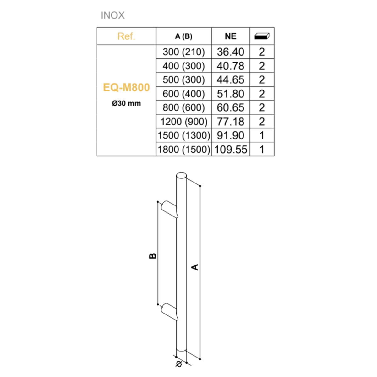 Puxador tubular de Ø30mm 800mm entre eixos e 1000mm de altura, em inox preto sem roseta, para portas de entrada