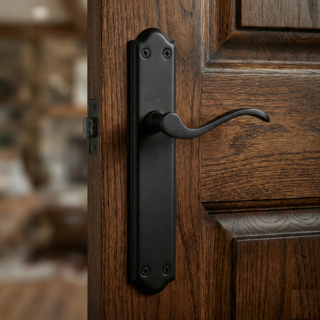 Puxador em alumínio modelo '1101' com placa de acabamento forjado preto para portas 