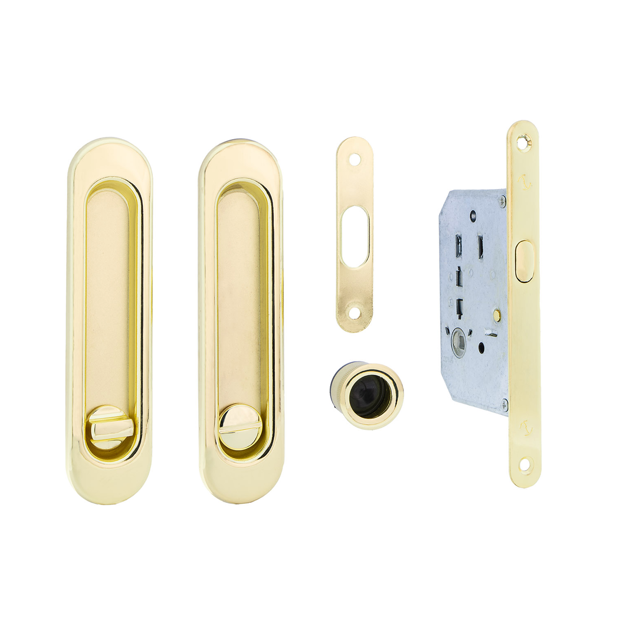 Kit para porta de correr com maçaneta mais ferrolho e pregos ovais em acabamento dourado brilhante 