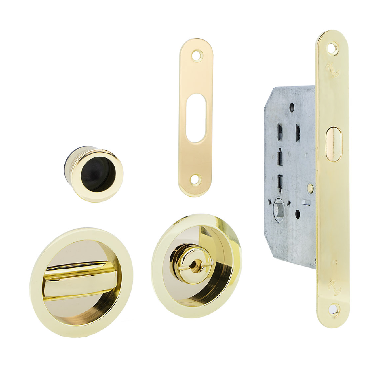 Kit para maçaneta de porta de correr com parafuso e pregos redondos em acabamento dourado brilhante