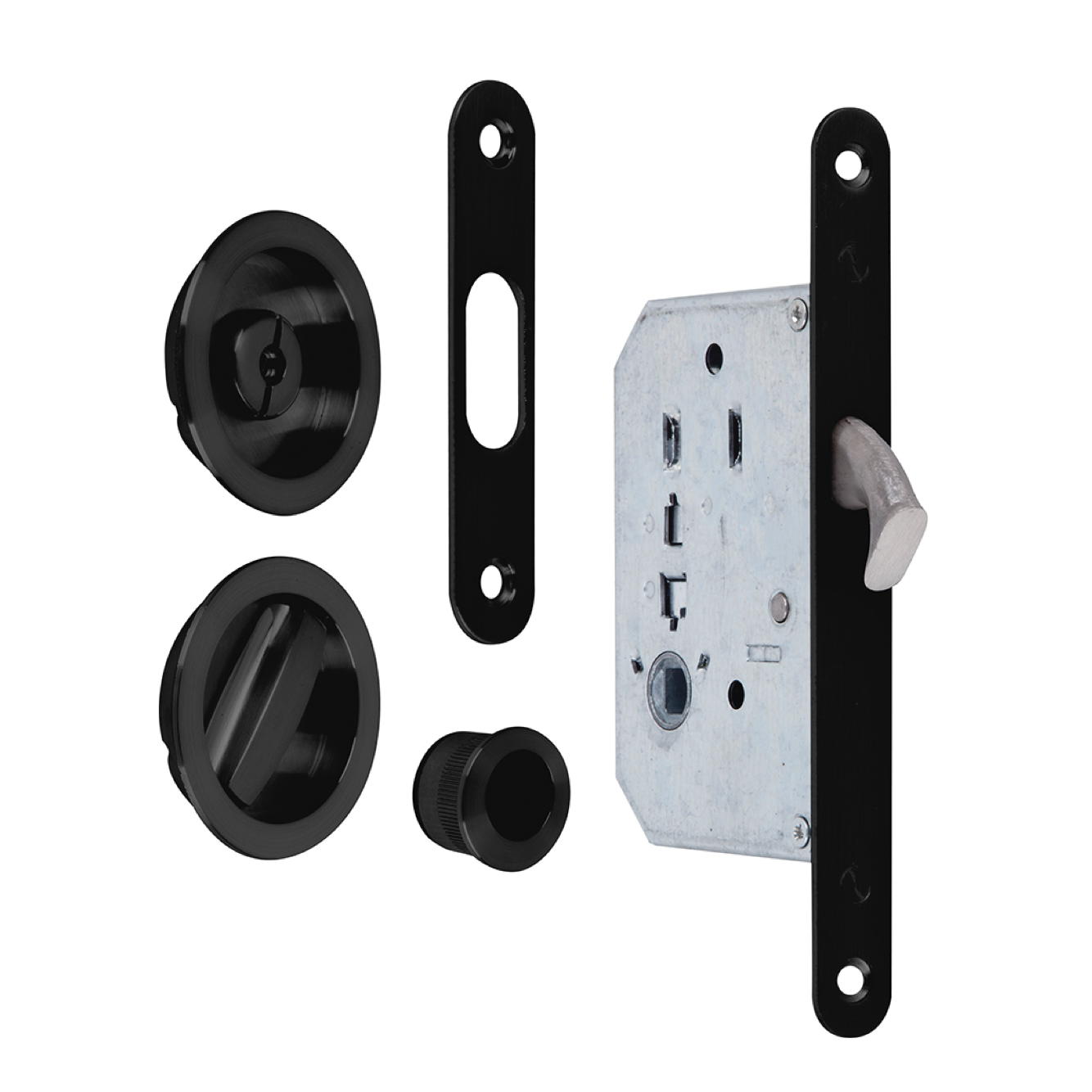 Kit para porta de correr com maçaneta mais ferrolho e pregos redondos acabamento preto