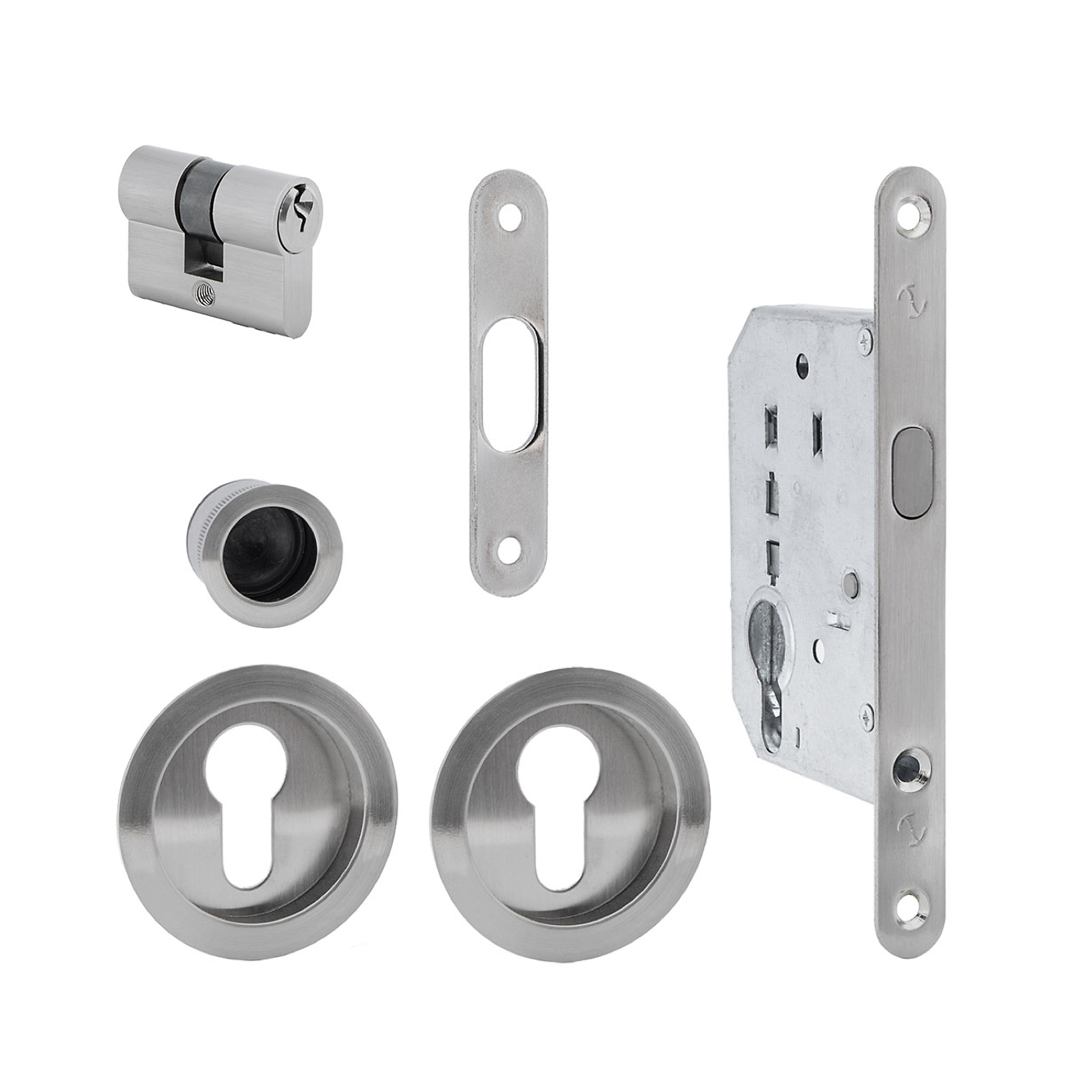 Kit para porta de correr com cilindro em acabamento níquel acetinado 