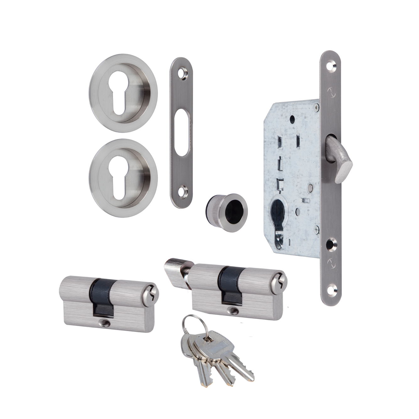 Kit para porta de correr com cilindro em acabamento níquel acetinado 