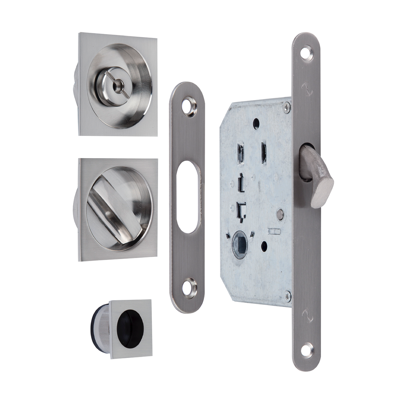 Kit de porta de correr com fechadura e puxador quadrado em acabamento níquel acetinado 